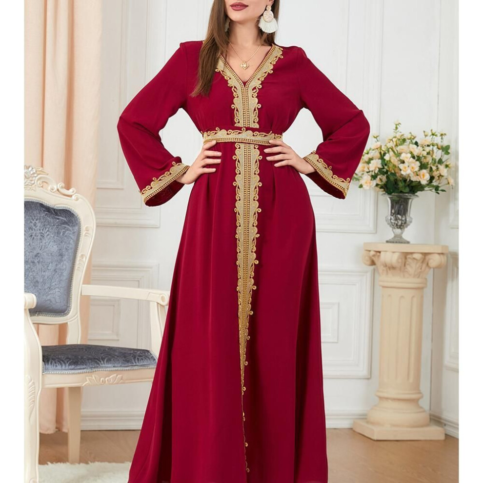 (M, red) Robe Dress Women Embroidered Robe Dubai Turkey Islamic Robe Robe Musuman Flared Dress