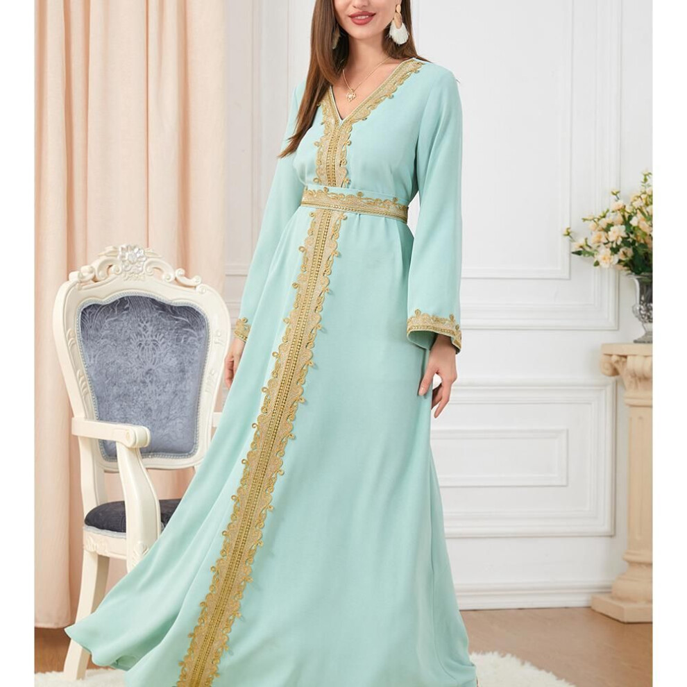 (L, blue) Robe Dress Women Embroidered Robe Dubai Turkey Islamic Robe Robe Musuman Flared Dress