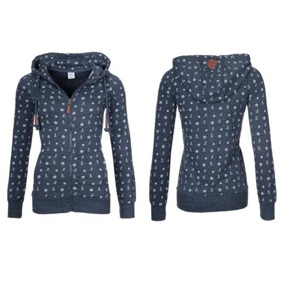 (L, navy blue) Women Hooded Fleeces Hoodie Oversize Sea Anchor Print Zipper Sweater Jumper Casual Sweatshirt Tops