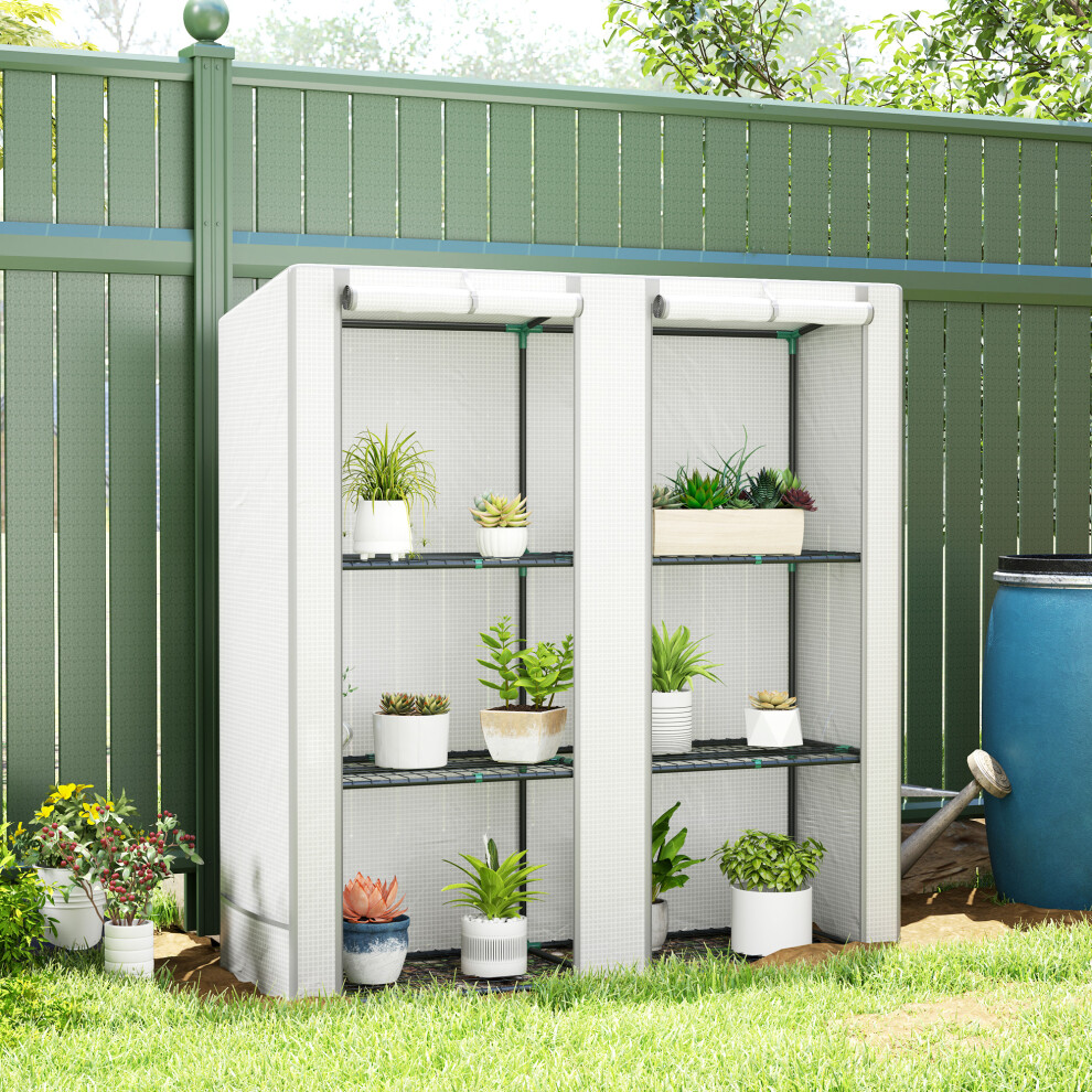 Outsunny 3 Tier Lean-to Mini Greenhouse with Grey Hemmed Edging, White