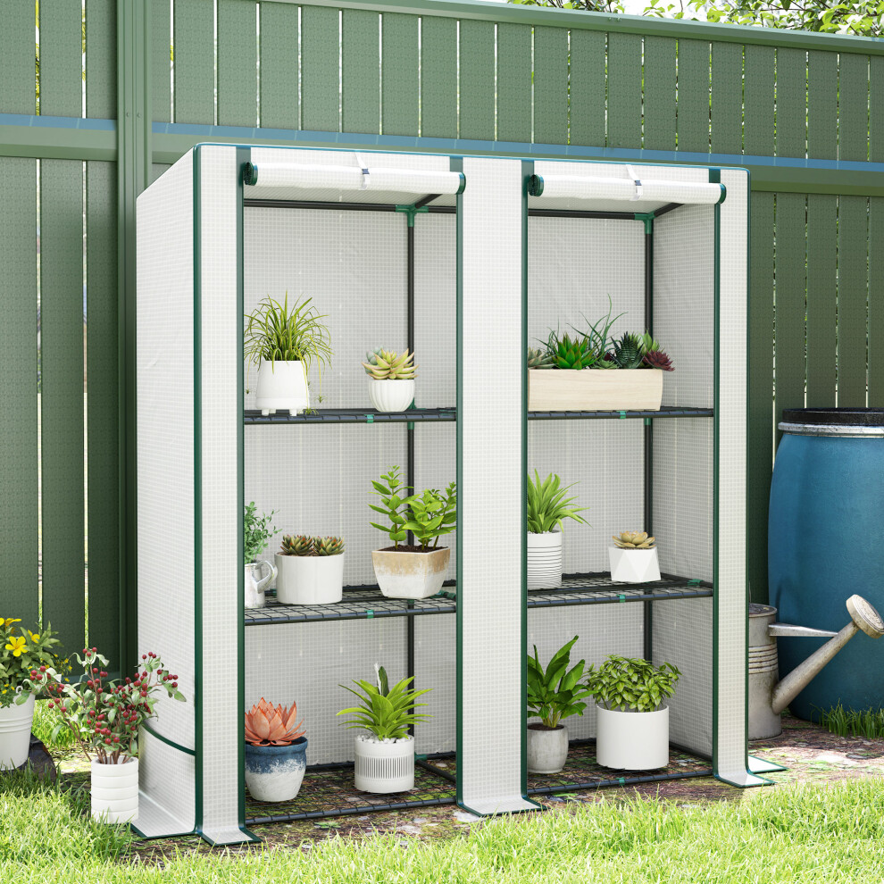 Outsunny 3 Tier Lean-to Mini Greenhouse with Green Hemmed Edging, White