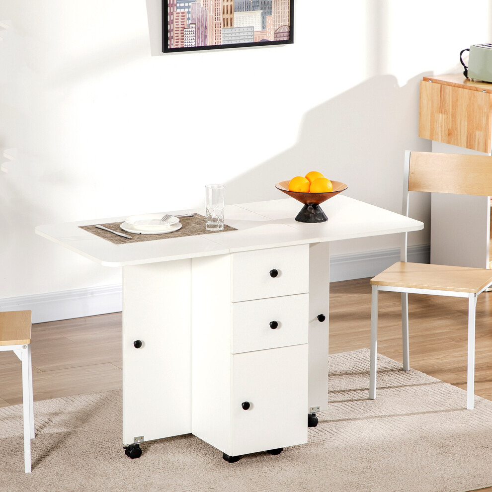 Homcom White Folding Dining Table, Drop Leaf Table With Drawers