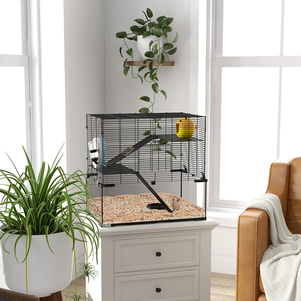 PawHut 3 Tiers Hamster Cage w/ Deep Glass Bottom, Dish, Hut, 60x40x54.5cm