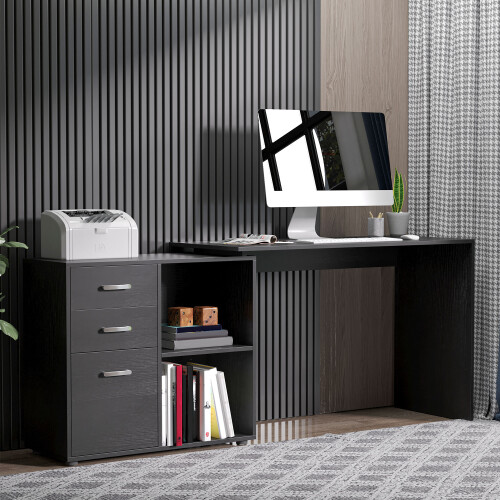 Homcom HOMCOM Computer Desk Table Workstation L Shape File Cabinet Black Home Office