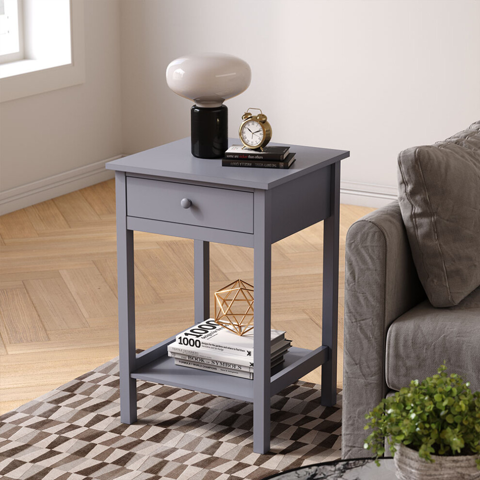 Grey Side Table with Single Drawer and Round Solid Wood Handle