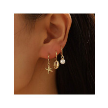 3pcs Asymmetric Beach Style Metal Faux Pearl Starfish Earrings Set, Suitable for Women's Daily Wear