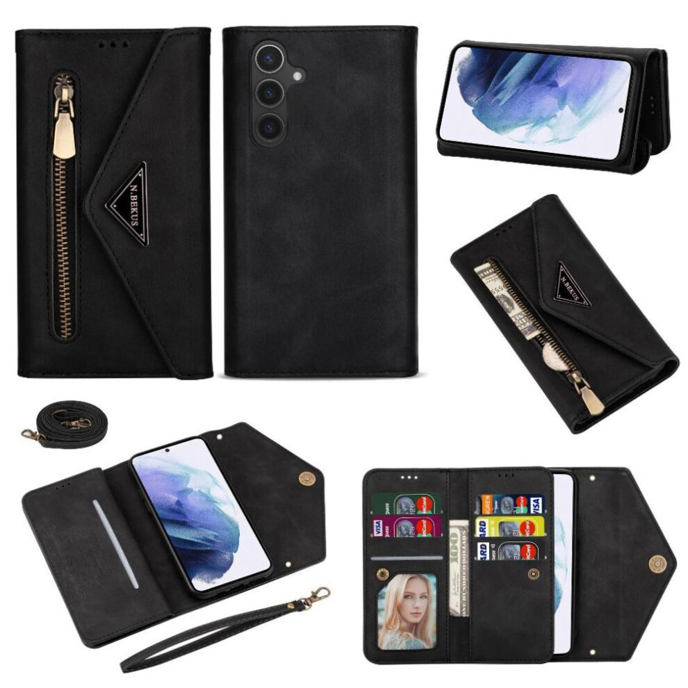 (Black) Zipper Pocket Case For Samsung Galaxy S25 Plus Wrist Strap Protective Cover Shockproof Crossbody Strap Kickstand Black 764549259366