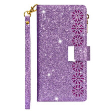 (Purple) Glitter Wallet Case for Samsung Galaxy A36 Zipper Pocket Kickstand Magnetic Wrist Strap Wallet Case Card Holder