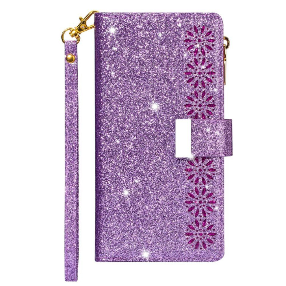 Gangxun (Purple) Glitter Wallet Case For Samsung Galaxy A36 Zipper Pocket Kickstand Magnetic Wrist Strap Wallet Case Card Holder