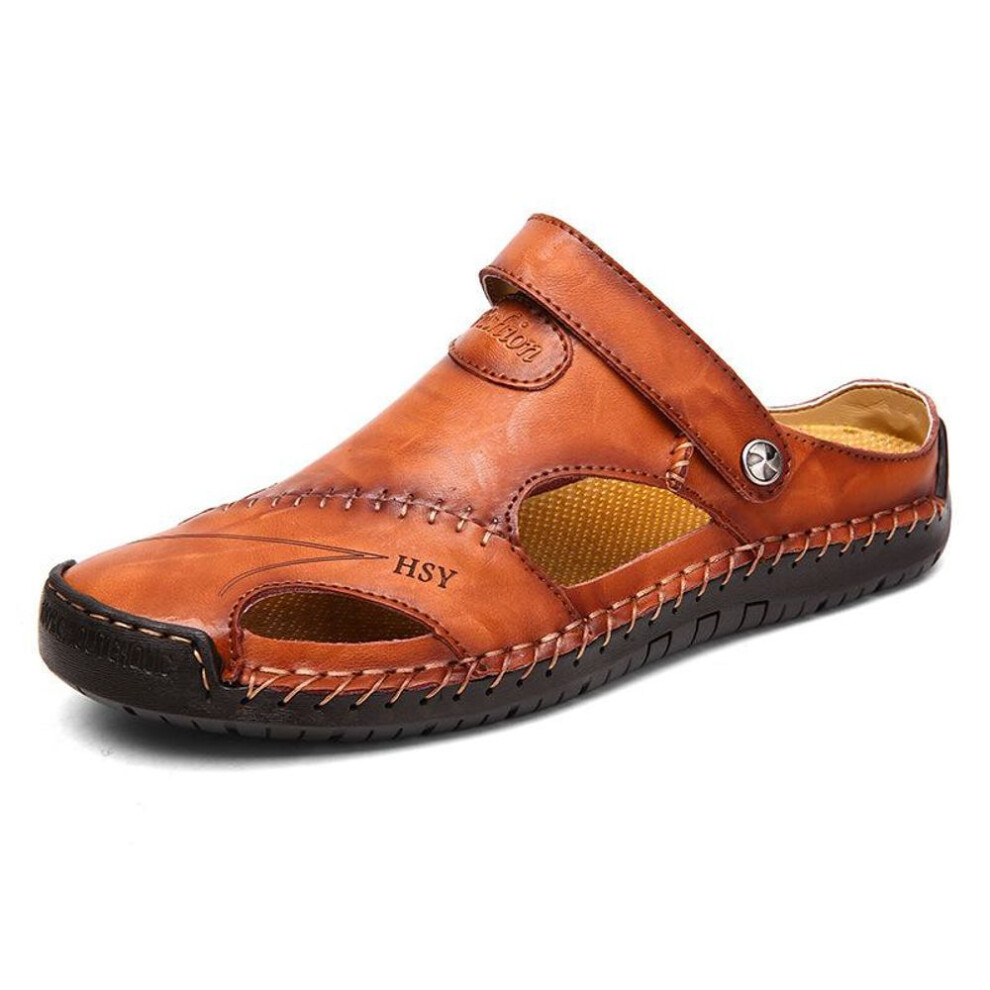 (red,brown, 43) Men&apos;s Large Size Leather Beach Sandals - Trendy Summer Shoes With Stitching Accents, Perfect For Casual Wear At The Beach Or Around Town.