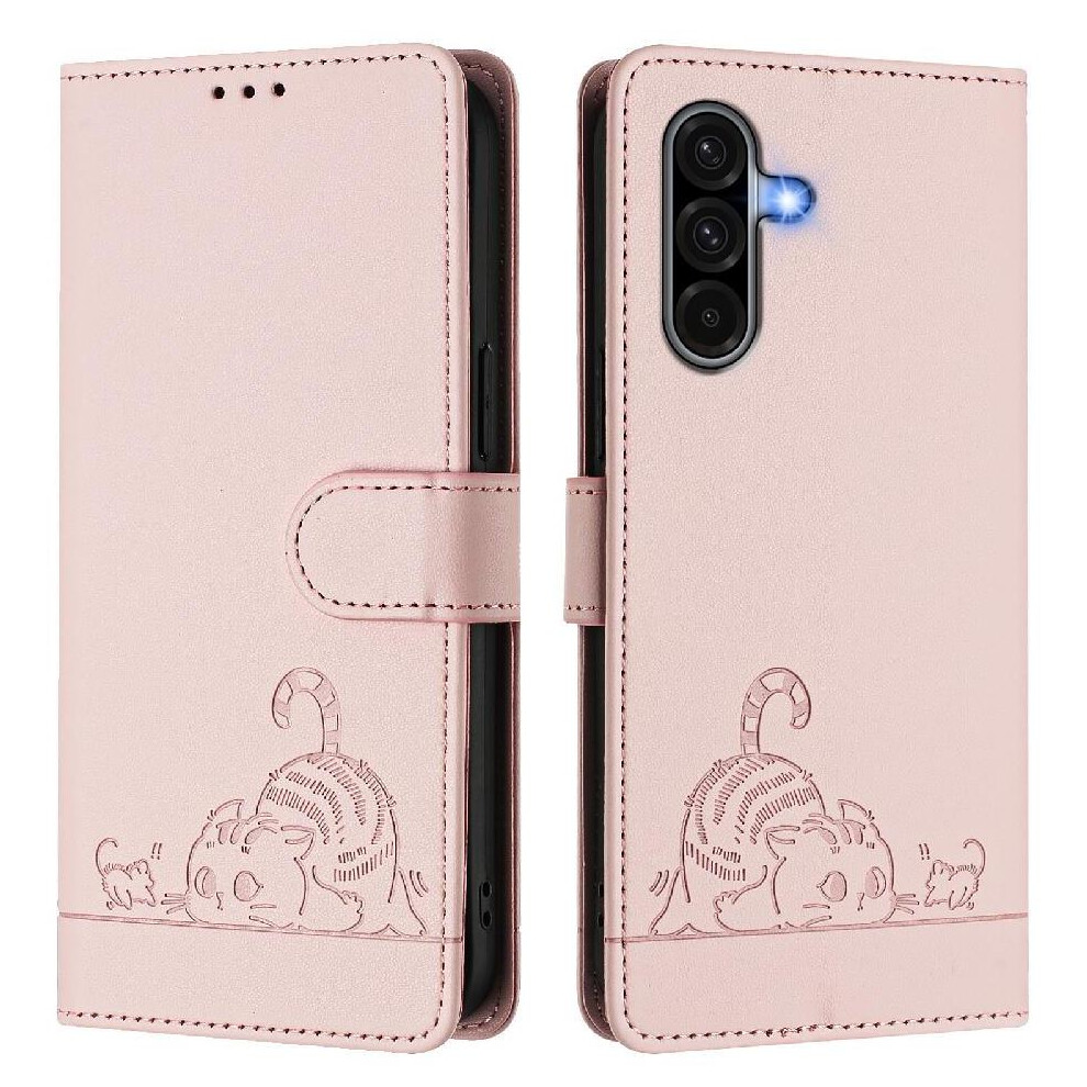 (Pink) Case For Samsung Galaxy A36 5G Cat Rfid Card Slot Holder Kickstand Wallet Flip Cover Pink 764549266609