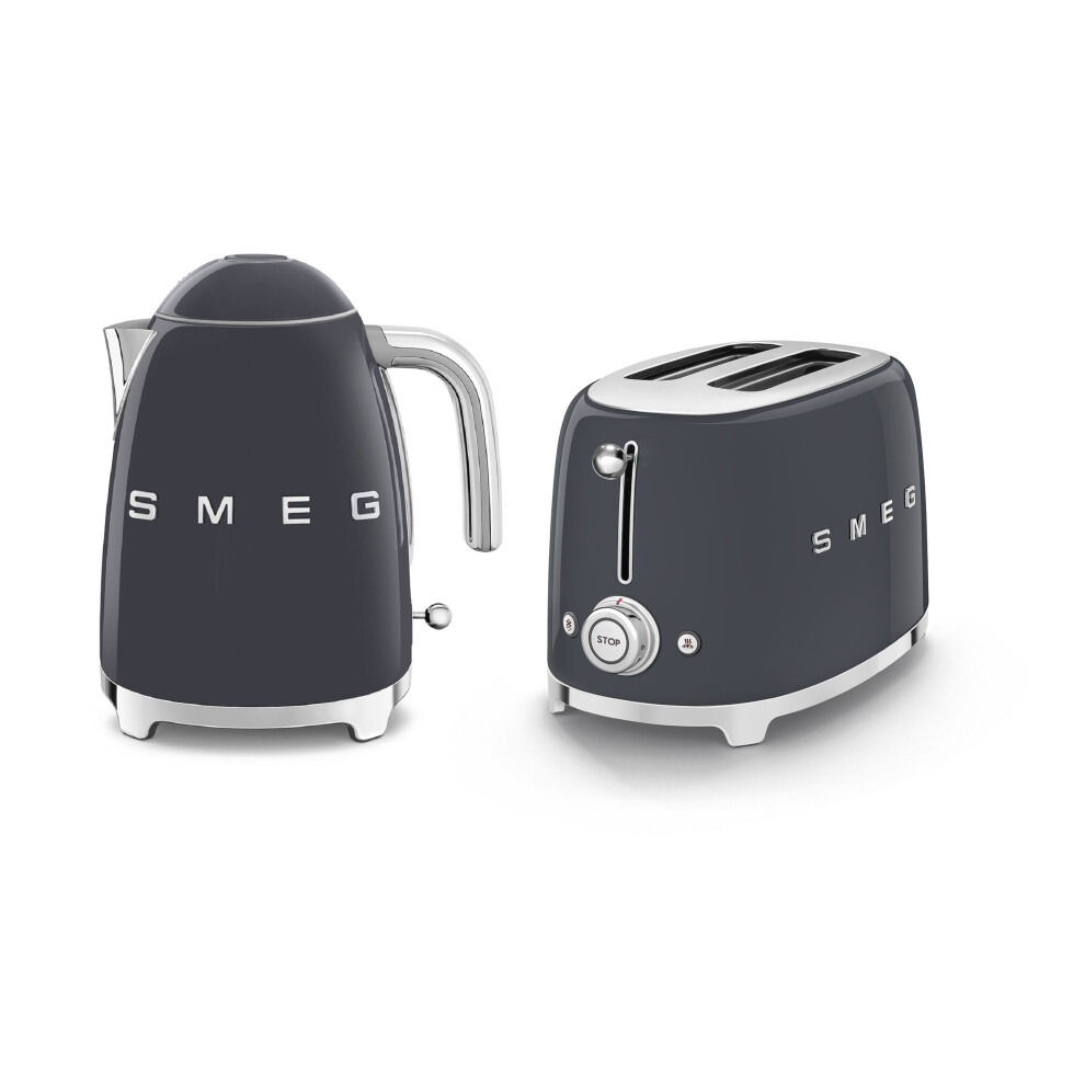 Smeg 50's Style Retro Range Breakfast Set, 1.7L 3000W Kettle and Multi-Functional Control 2-Slice 950W Toaster, Slate Grey, KLF03GRUK/ TSF01GRUK