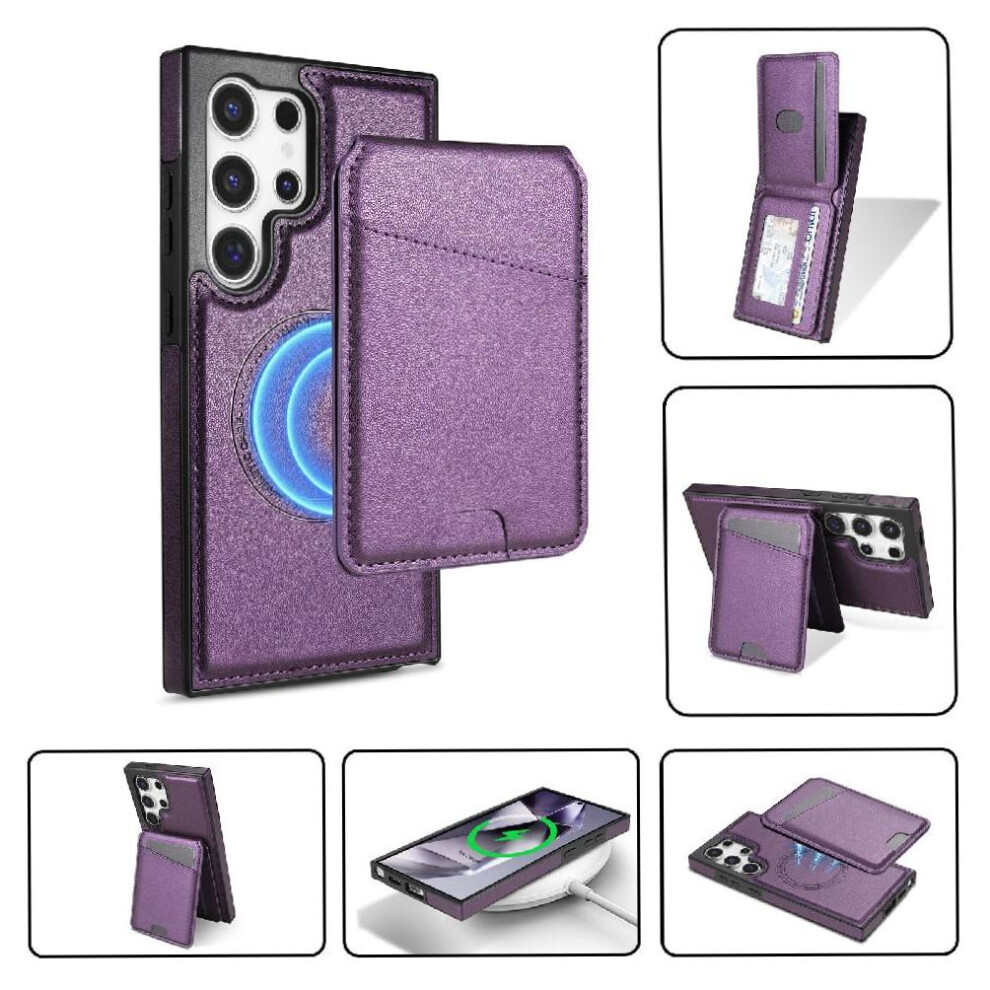 (Purple) Wireless Charging Case For Samsung Galaxy S25 Ultra Card Holder Wallet Case Kickstand Magnetic Closure Magsafe Purple 764549268818