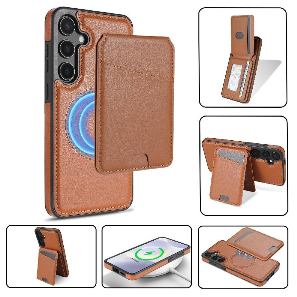(Brown) Wireless Charging Case For Samsung Galaxy A55 Magsafe Wallet Case Magnetic Closure Card Holder Kickstand Brown 764549270446