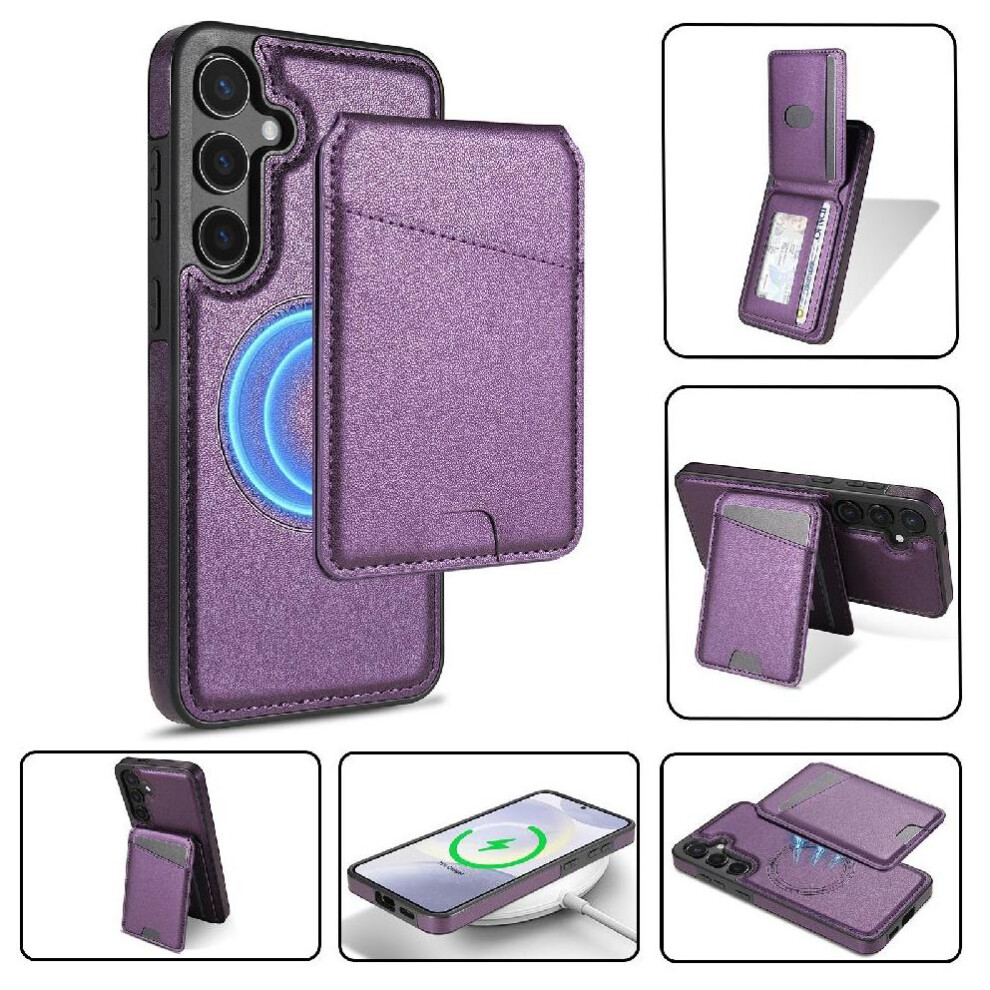 (Purple) Wireless Charging Case For Samsung Galaxy A15 Magsafe Wallet Case Card Holder Kickstand Magnetic Closure Purple 764549270507