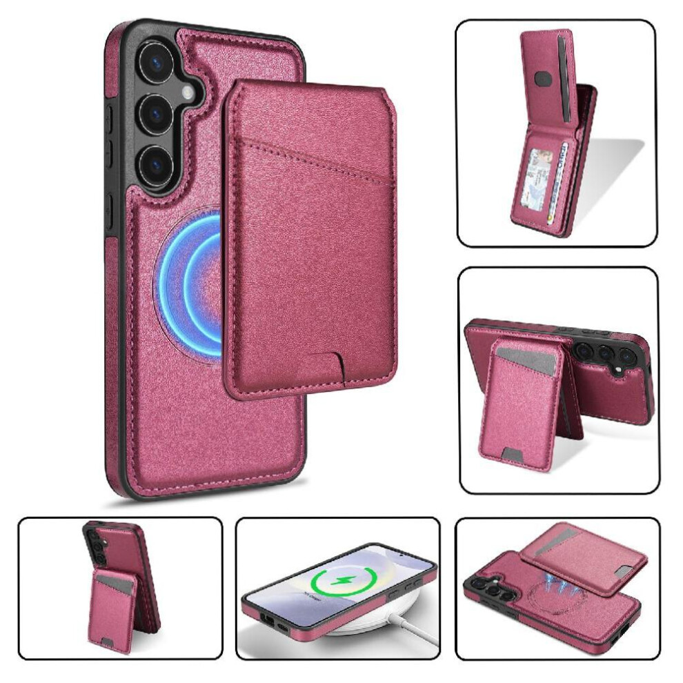 (Red) Wireless Charging Case For Samsung Galaxy A15 Magsafe Wallet Case Card Holder Kickstand Magnetic Closure Red 764549270521