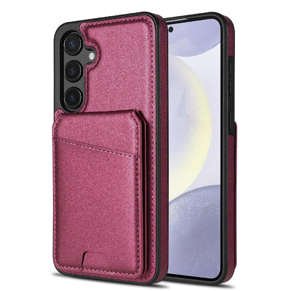 (Red) Wireless Charging Case For Samsung Galaxy S25 Kickstand Card Holder Magnetic Closure Wallet Case Magsafe Red 764549270620