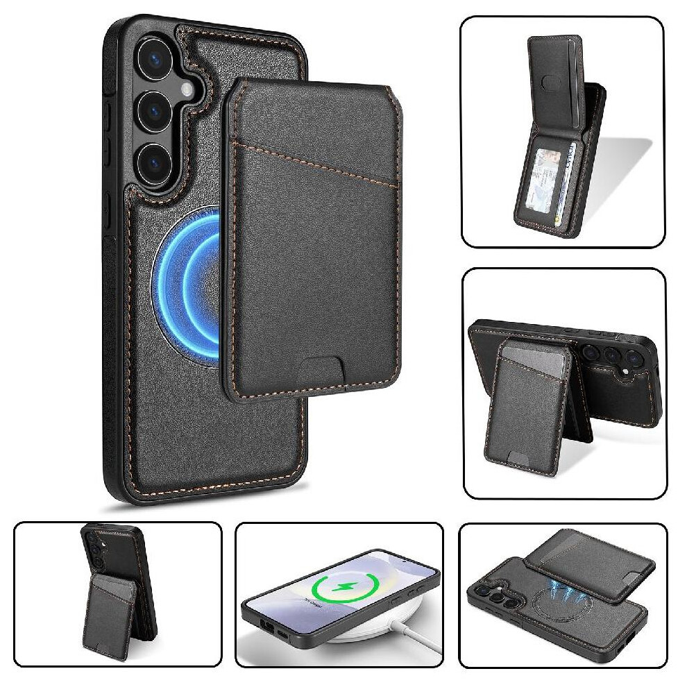 (Black) Wireless Charging Case For Samsung Galaxy S25 Kickstand Card Holder Magnetic Closure Wallet Case Magsafe Black 764549270613