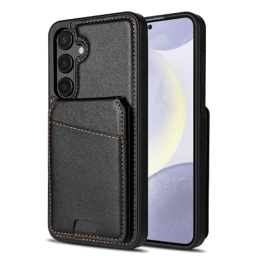 (Black) Wireless Charging Case For Samsung Galaxy S25 Plus Magnetic Closure Card Holder Magsafe Kickstand Wallet Case Black 764549270668