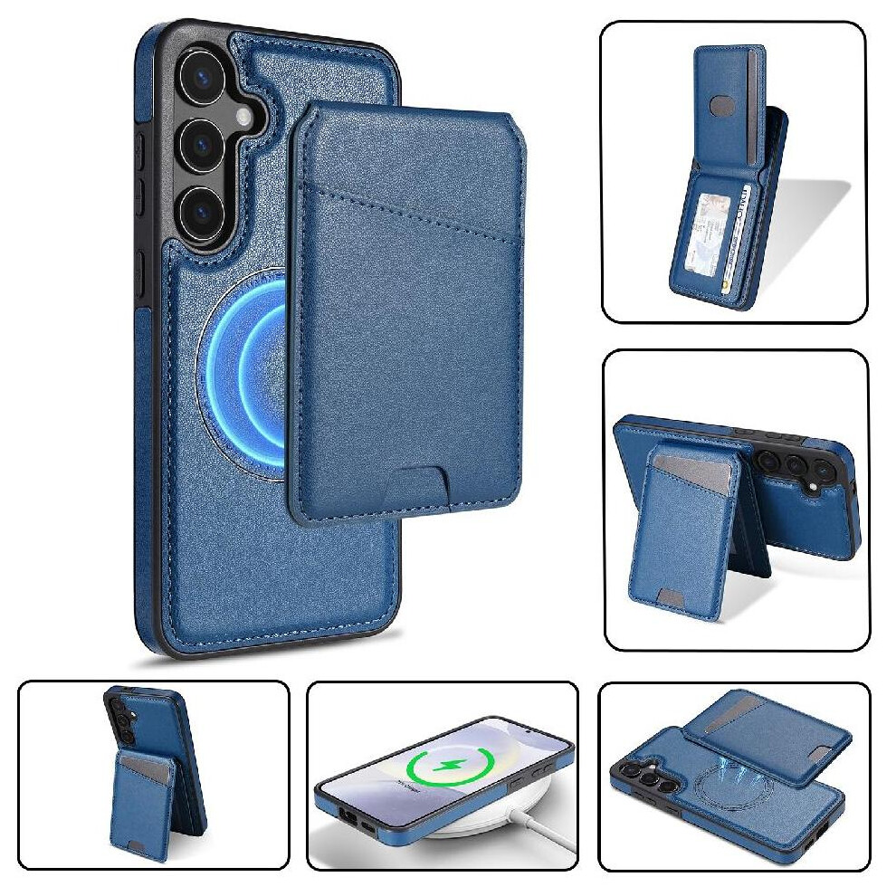 (Blue) Wireless Charging Case For Samsung Galaxy S24 Fe Magnetic Closure Kickstand Wallet Case Magsafe Card Holder Blue 764549270736