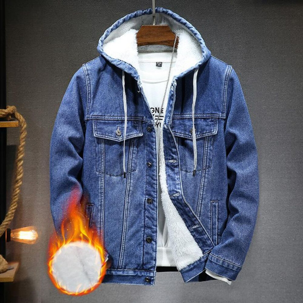 (blue, XXXXL) Men&apos;s Autumn and Winter Retro Hooded Denim Jacket  Coat Hooded Plus Velvet Windbreaker Thickened and Warm for Men