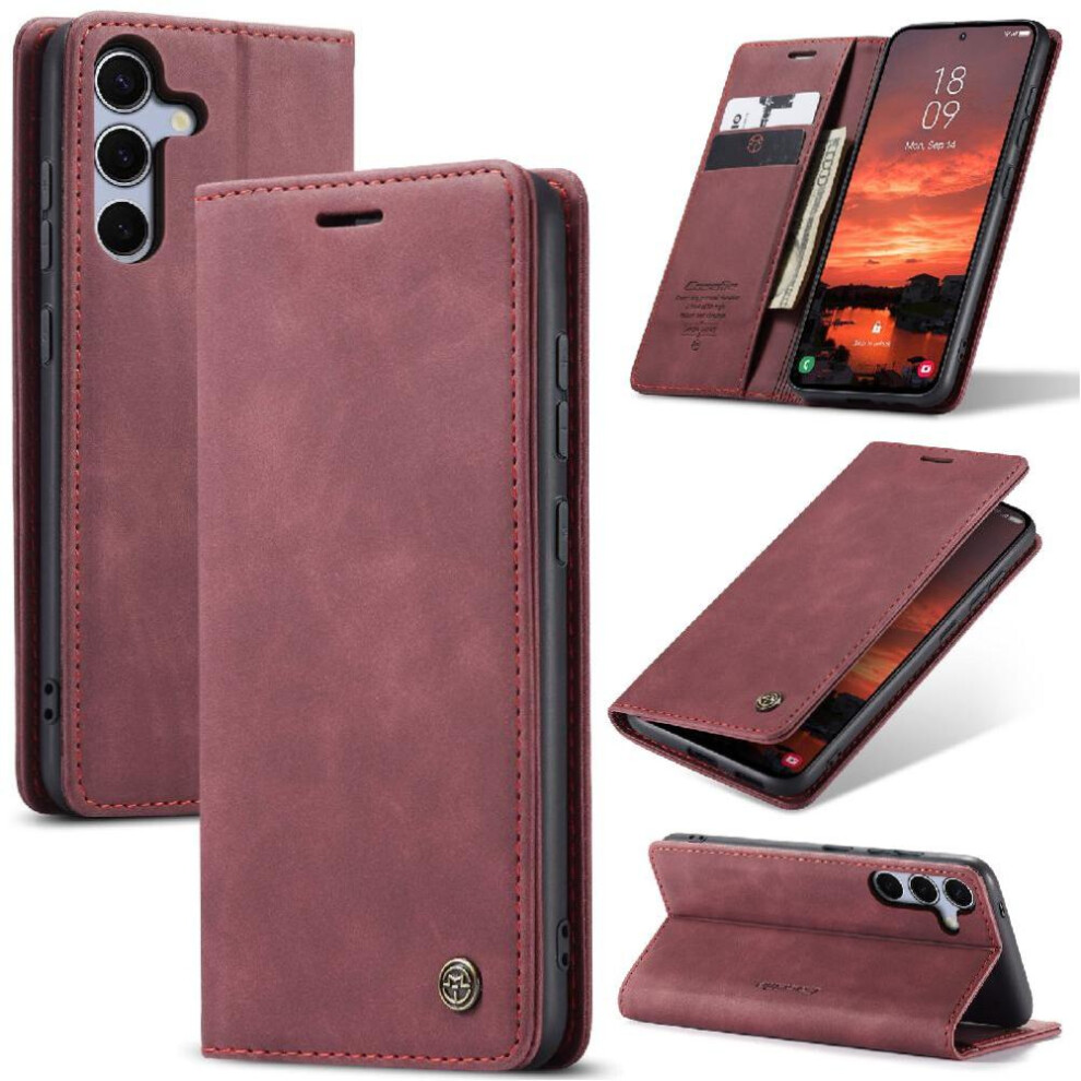 (Red) Flip Case For Samsung Galaxy S25 Vintage Pu Leather Wallet Case Card Slot Kickstand Magnetic Closure Shockproof Red 764549272914