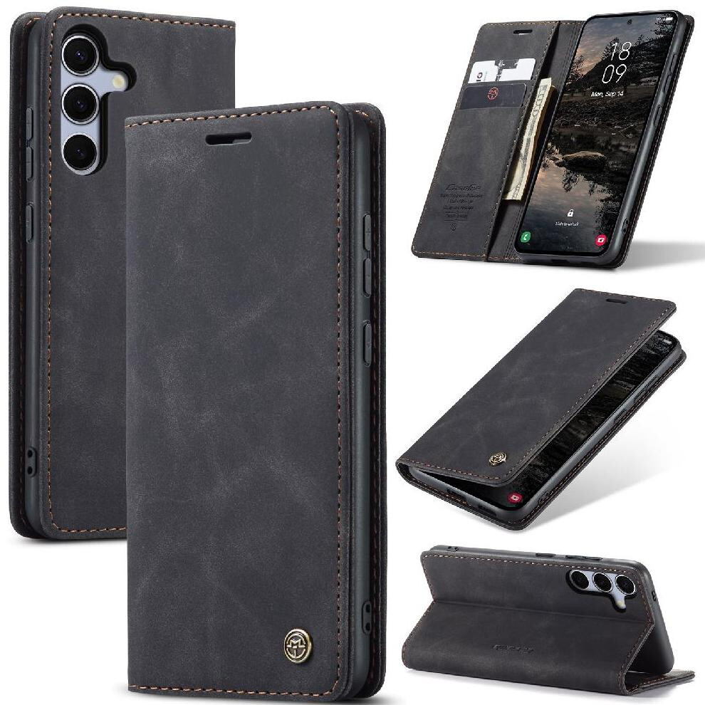 (Black) Flip Case For Samsung Galaxy S25 Vintage Pu Leather Wallet Case Card Slot Kickstand Magnetic Closure Shockproof Black 764549272952
