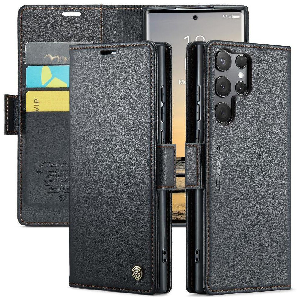 (Black) Flip Case For Samsung Galaxy S25 Ultra Kickstand Anti Fraud Shockproof Case Card Slot Wallet Case Black 764549273188
