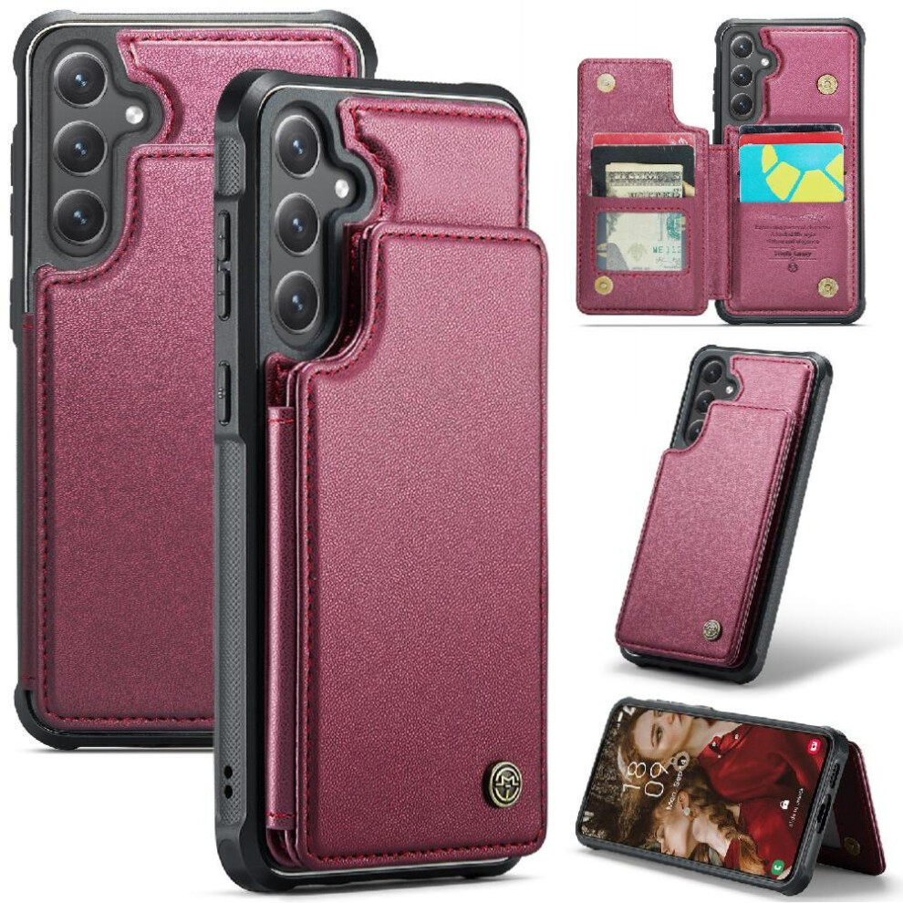 (Red) Flip Case For Samsung Galaxy S25 Plus 5G Kickstand Slim Shockproof Case Card Holder Pu Leather Rfid Blocking Red 764549276219