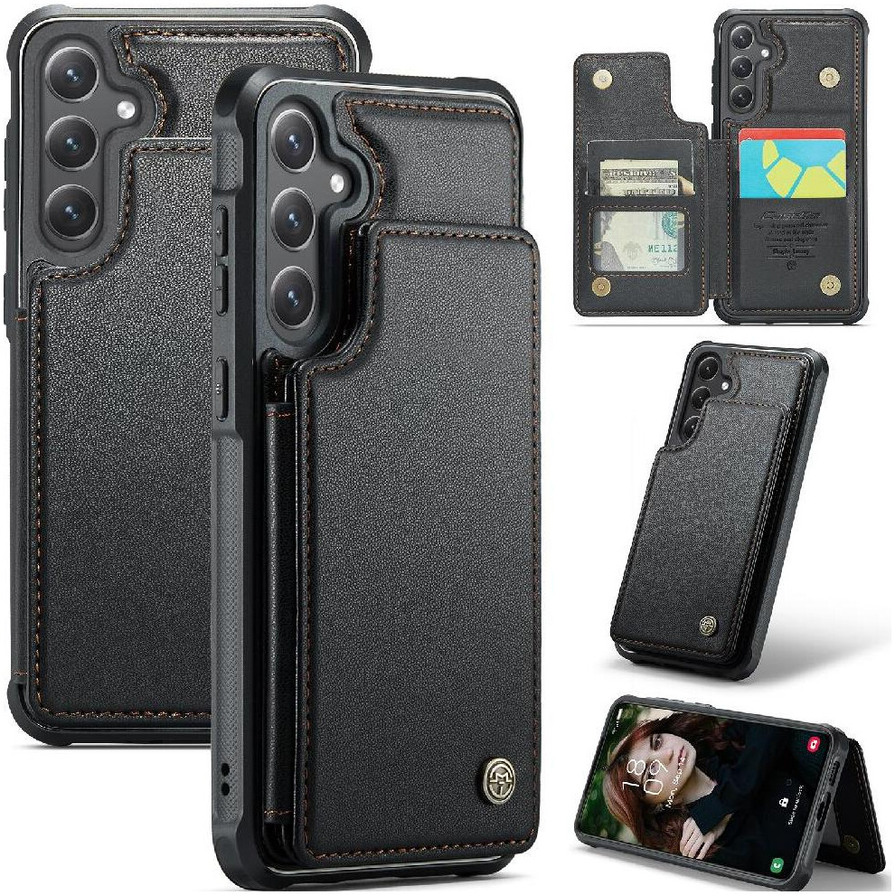 (Black) Flip Case For Samsung Galaxy S25 5G Pu Leather Kickstand Card Holder Slim Shockproof Case Rfid Blocking Black 764549276295