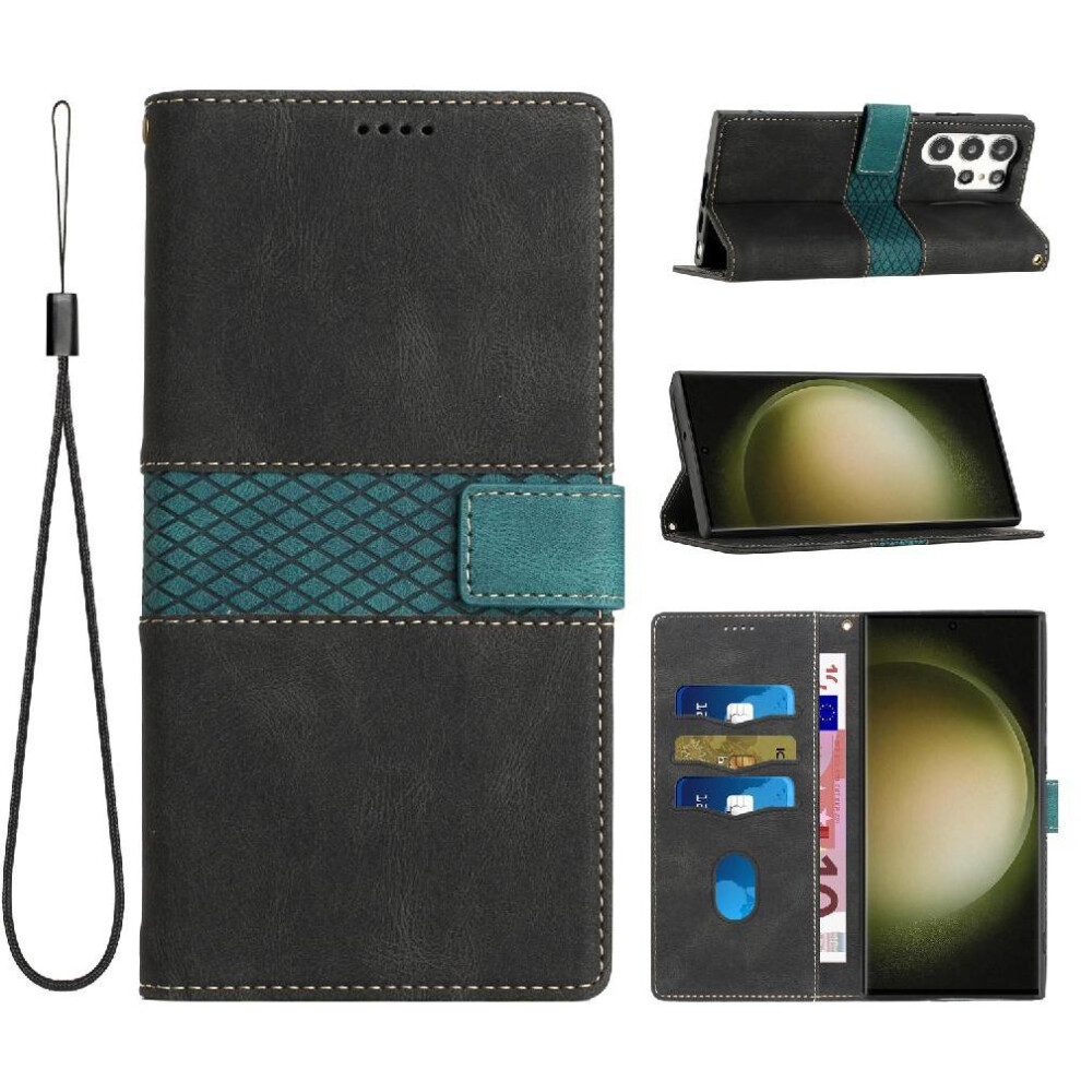 (Black) Wallet Case For Samsung Galaxy S25 Ultra Wrist Strap Scratch Resistant Card Slot Magnetic Closure Kickstand Black 764549276615