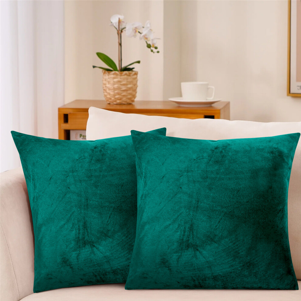 (Pack Of 2, Plain Velvet Filled Cushion Green) Velvet Cushion Covers With Quilted Cushion Pad Pack Of 2 & 4