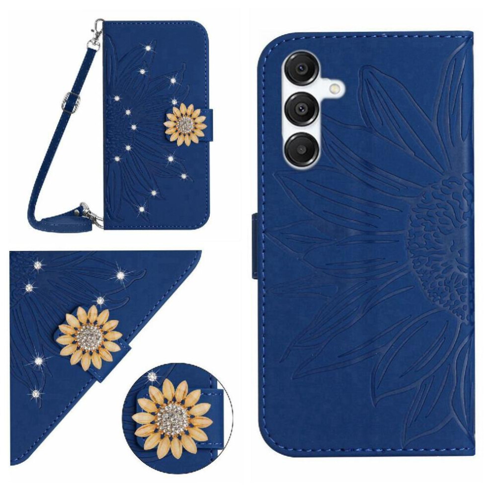 (Dark ) Flip Case For Samsung Galaxy S24 Fe With Card Slot Stand With A Long Lanyard Kickstand Protective Sunflower Leather Wallet Blue 764549279555