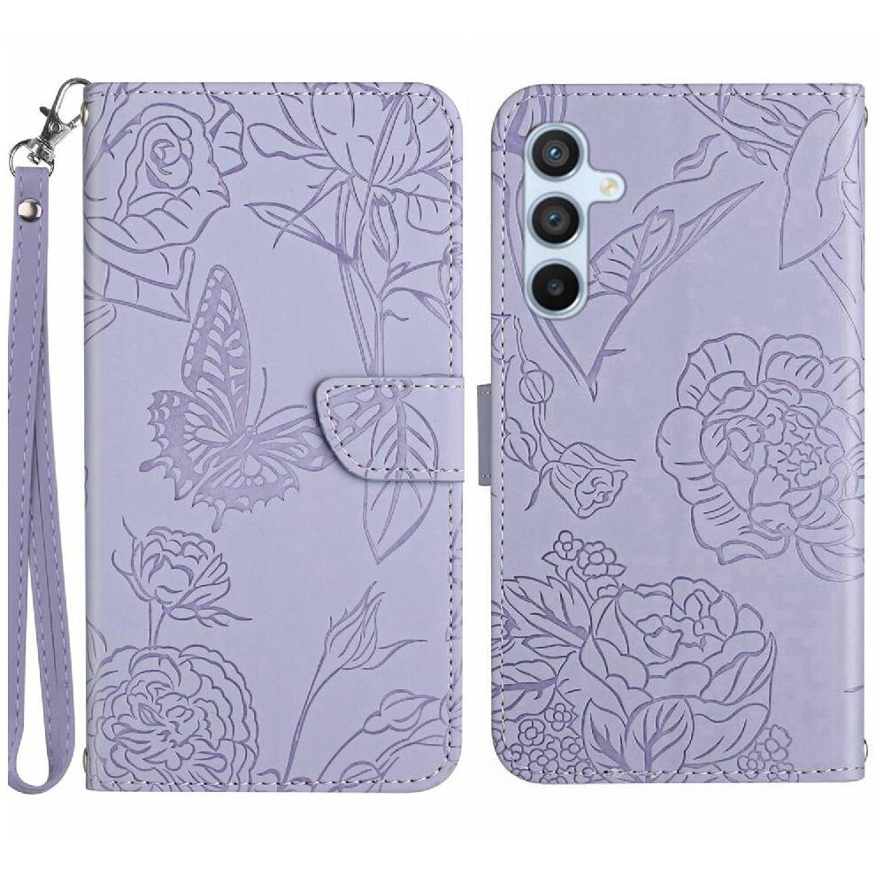 (Purple) Case For Samsung Galaxy S24 Fe Anti-Drop Protection Shockproof Leather Case Pu Leather Flip Cover With Wrist Strap Flowers And Butterflies Purple 764549280025