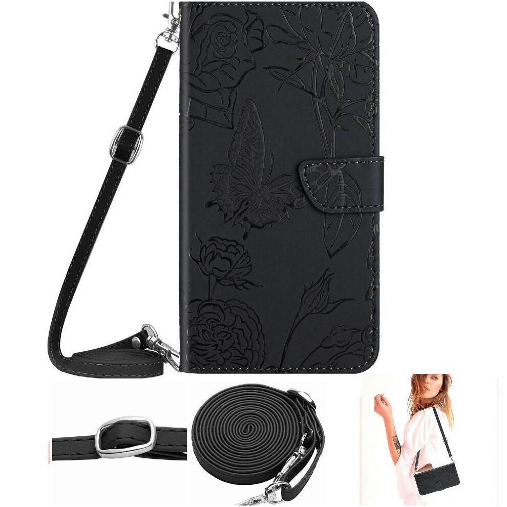 Photos - Case   for Samsung Galaxy S24 Fe Soft Pu Leather Butterflies and Flowers with Card Holder & Long Strap Leather Wallet(Black)