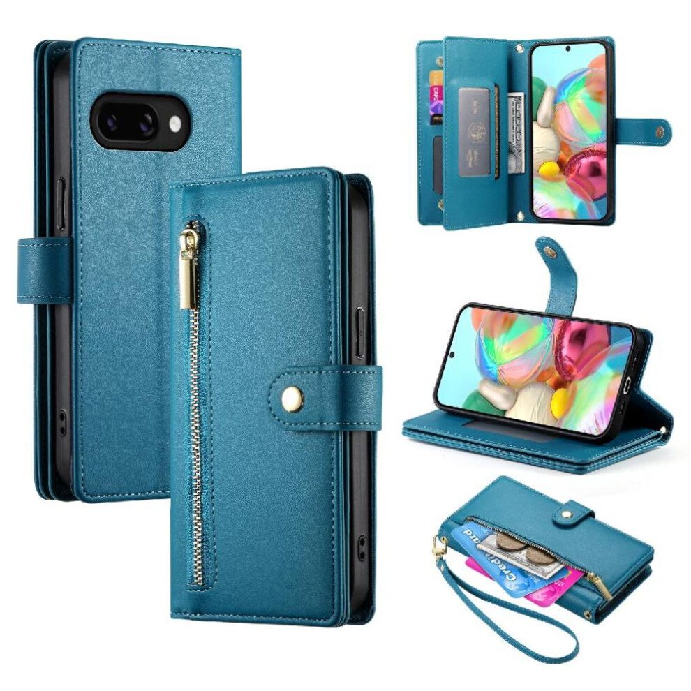 (Blue) Flip Case For Google Pixel 9A Multifunctional Card Slots Kickstand Wrist Strap Wallet Compartment Blue 764549280698