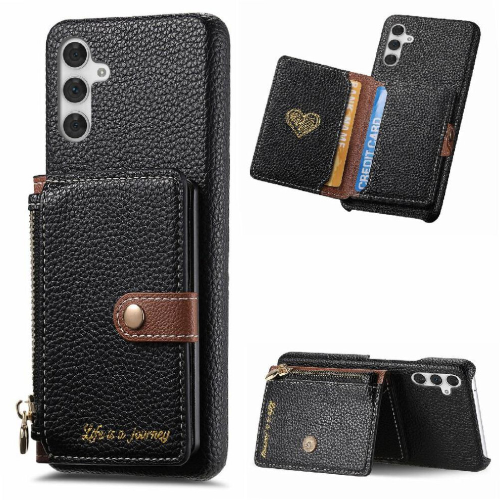 (Black) Case For Samsung Galaxy A16 Shockproof Wallet Zipper Wallet Stand Black 764549281398