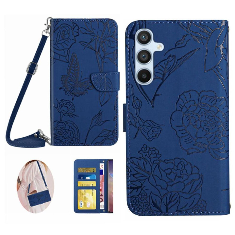 Photos - Case   for Samsung Galaxy A36 5g Soft Pu Leather with Card Holder & Long Strap Leather Wallet Butterflies and Flo(Dark blue )