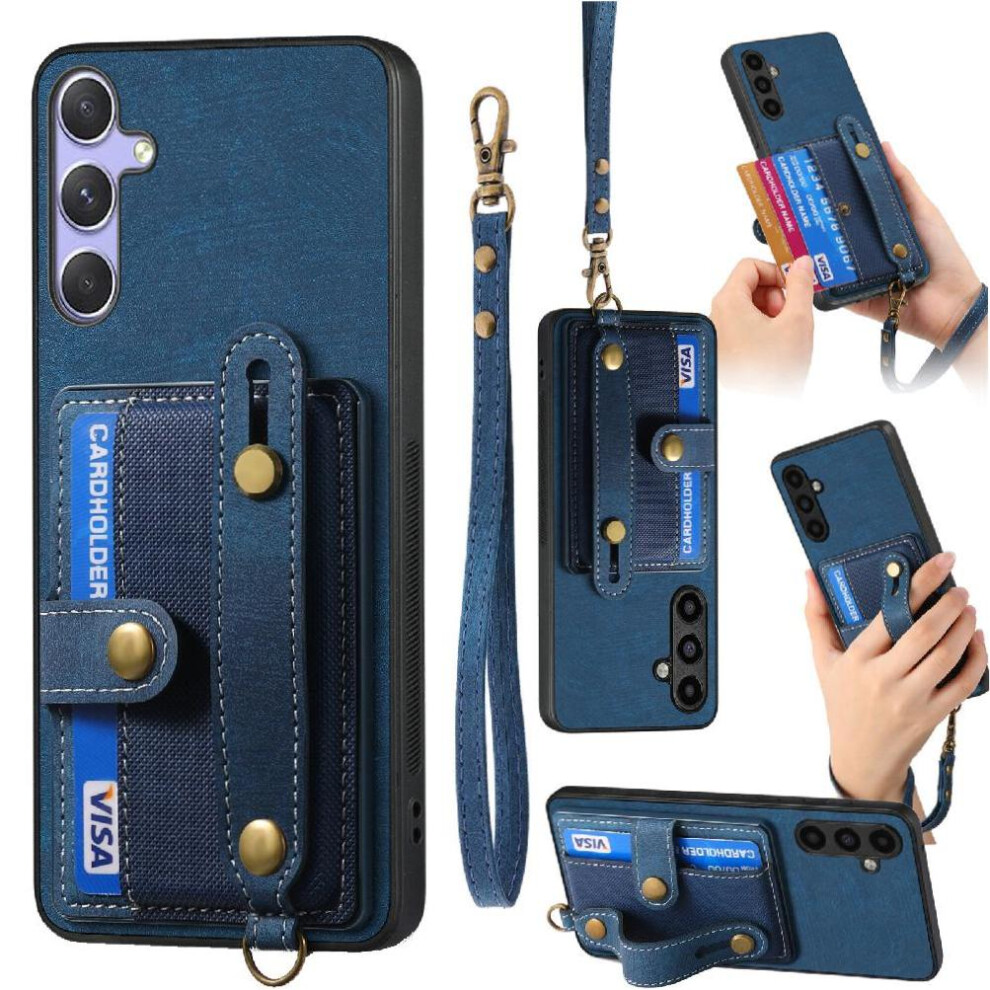 (Blue) Case For Samsung Galaxy S25 Plus Shockproof Wallet Wristband Strap Blue 764549283620