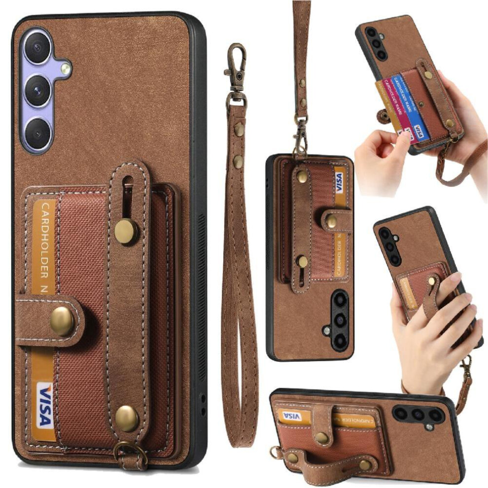 (Brown) Case For Samsung Galaxy S25 Plus Shockproof Wallet Wristband Strap Brown 764549283583