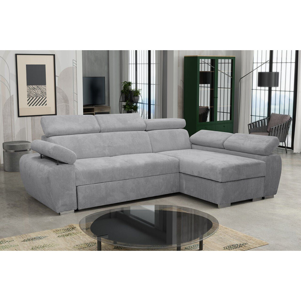 (Light Grey, Right) Corner Sofa Bed BOSTON MINI PREMIUM with Storage Sleep Function Springs Corduroy