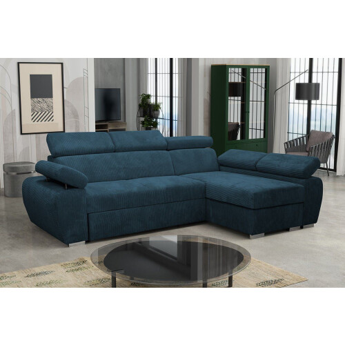 (Blue, Right) Corner Sofa Bed BOSTON MINI PREMIUM with Storage Sleep Function Springs Corduroy