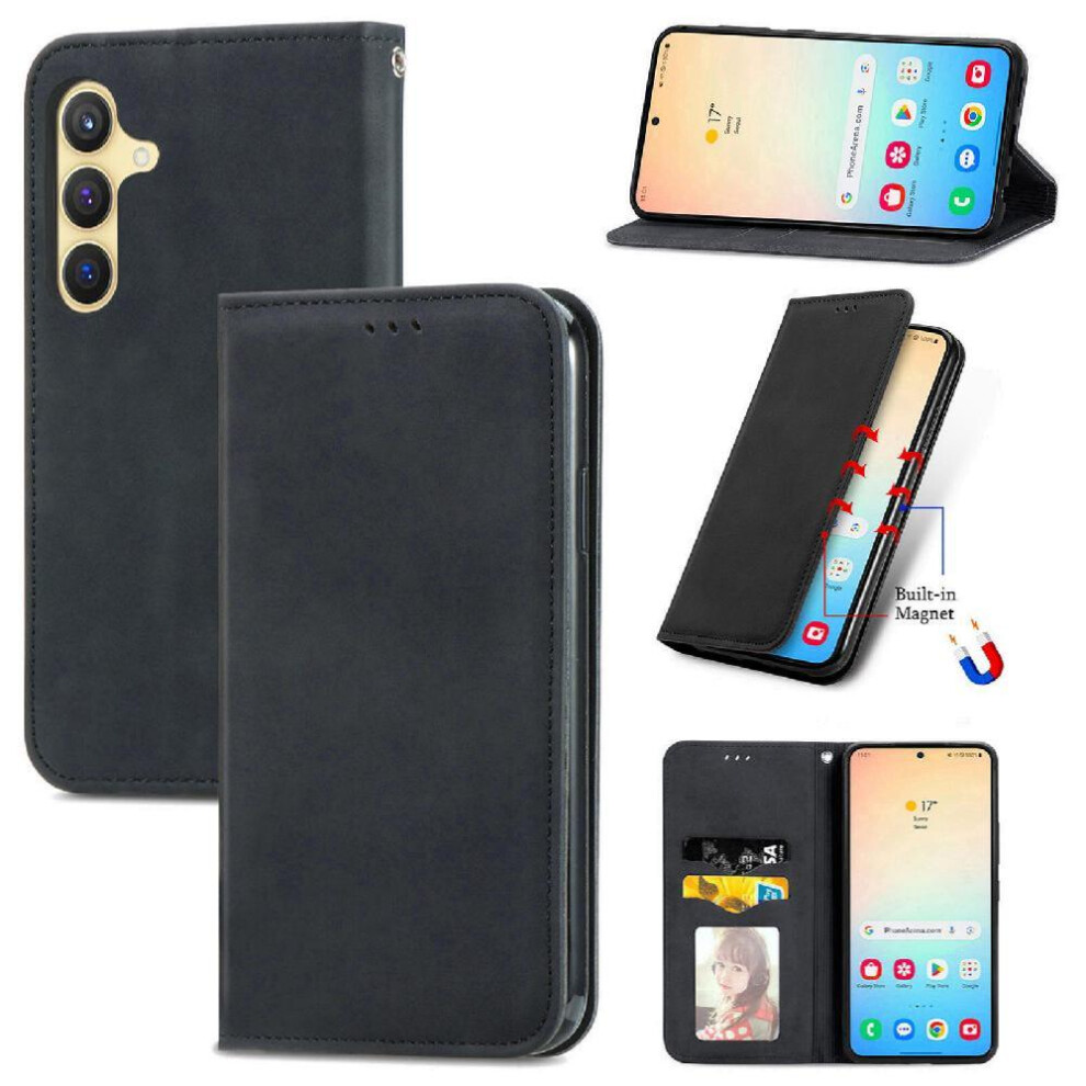 (Black) Flip Case For Samsung Galaxy S25 Wallet Leather Case Flip Cover Simple Business Shockproof Black 764549284320