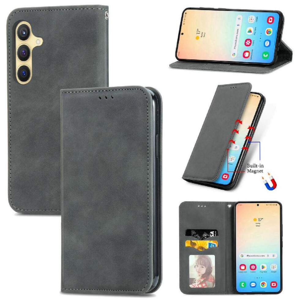 ( ) Flip Case For Samsung Galaxy S25 Wallet Leather Case Flip Cover Simple Business Shockproof Gray 764549284313
