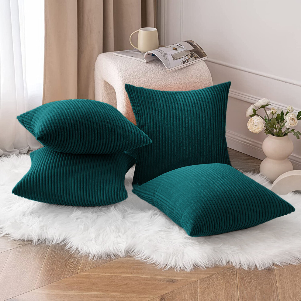 (Pack of 4, Stripe Velvet Filled Cushion Teal) Velvet Cushions Filled 2 & 4-Pack Quilted Cushion Pads
