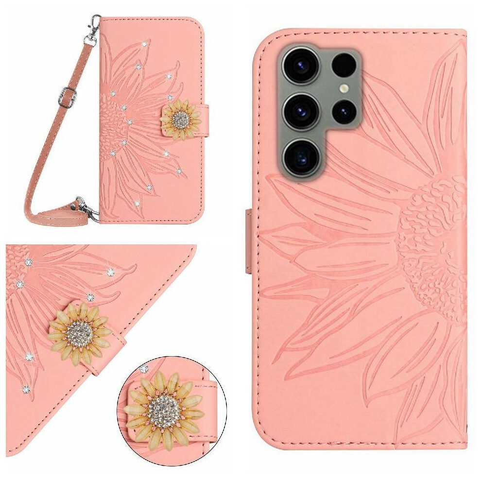 (Pink) Flip Case For Samsung Galaxy S25 Ultra Leather Wallet Kickstand Protective Sunflower With A Long Lanyard With Card Slot Stand Pink 764549285884