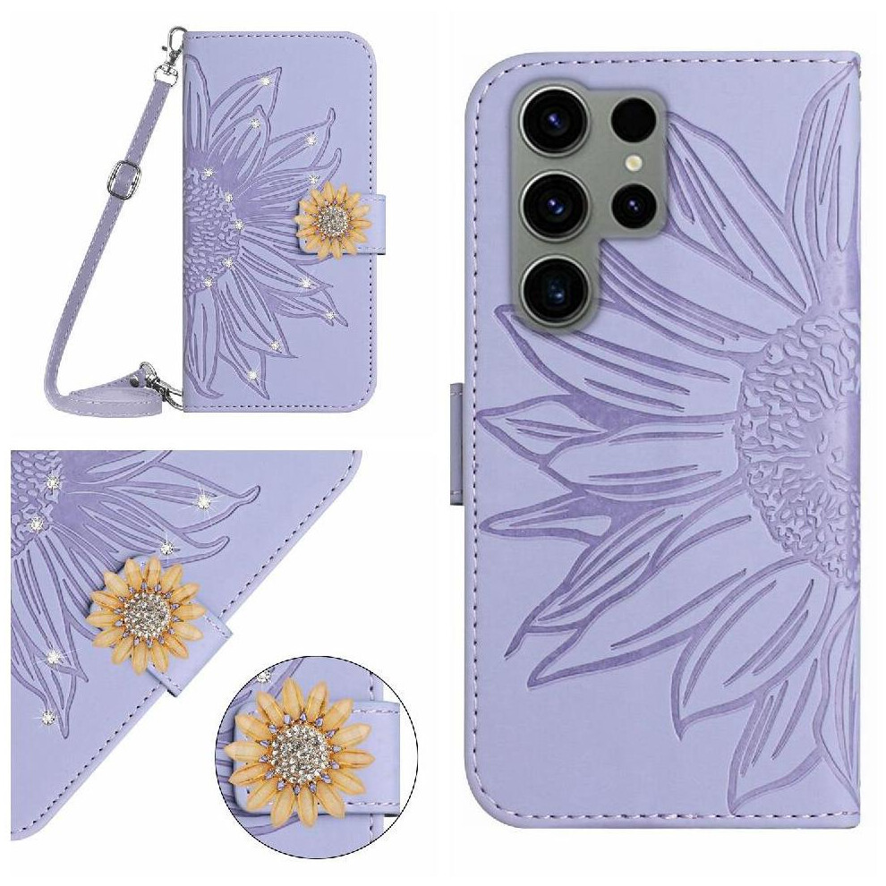 ( Violet) Flip Case For Samsung Galaxy S25 Ultra Leather Wallet Kickstand Protective Sunflower With A Long Lanyard With Card Slot Stand Light 764549285907