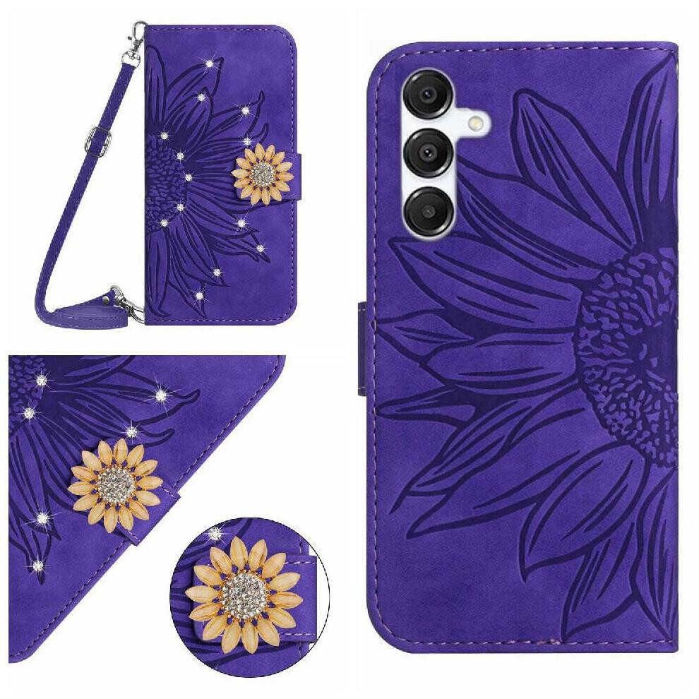 ( Violet) Flip Case For Samsung Galaxy S25 With Card Slot Stand Kickstand Protective Leather Wallet Sunflower With A Long Lanyard Dark 764549286249
