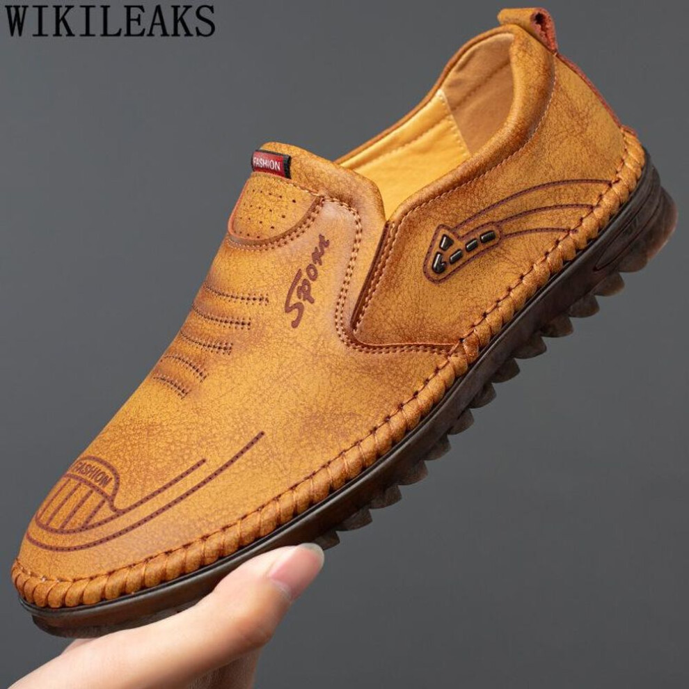 (khaki, 44) Leather Casual Shoes Man Designer Slip On Shoes For Men Fashion Brown Loafers Shoes Men Zapatos De Hombre Chaussure Homme