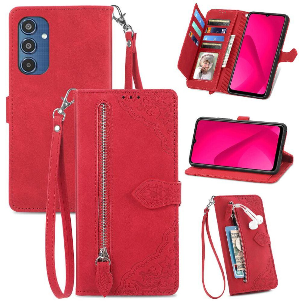 (Red) Case For Samsung Galaxy A16 Wallet Flip Zipper Style Business Multi-Color Multi-Card Slot Red 764549287024